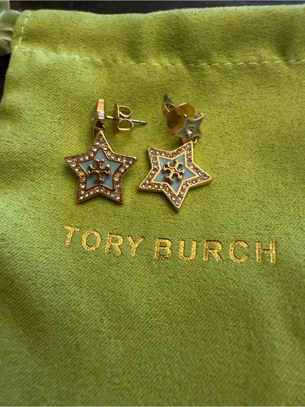 Tory Burch Gold Star Earrings with Light Blue Enamel